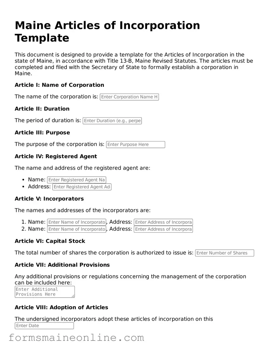 Free  Articles of Incorporation Document for Maine