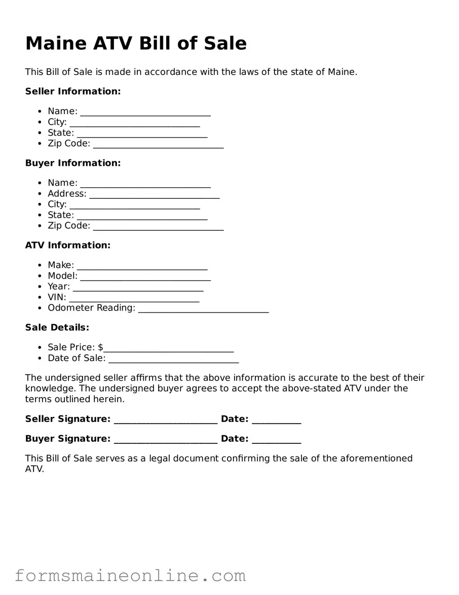Free  ATV Bill of Sale Document for Maine
