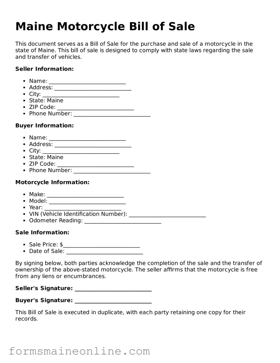 Free  Motorcycle Bill of Sale Document for Maine