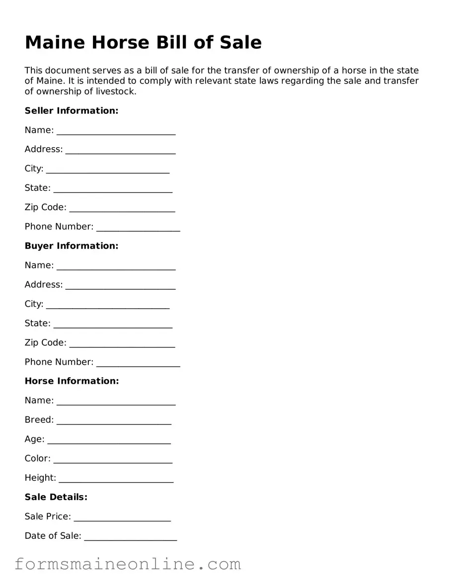 Free  Horse Bill of Sale Document for Maine