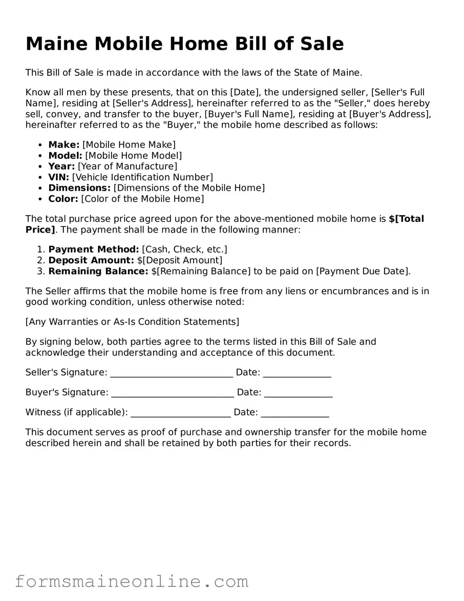 Free  Mobile Home Bill of Sale Document for Maine