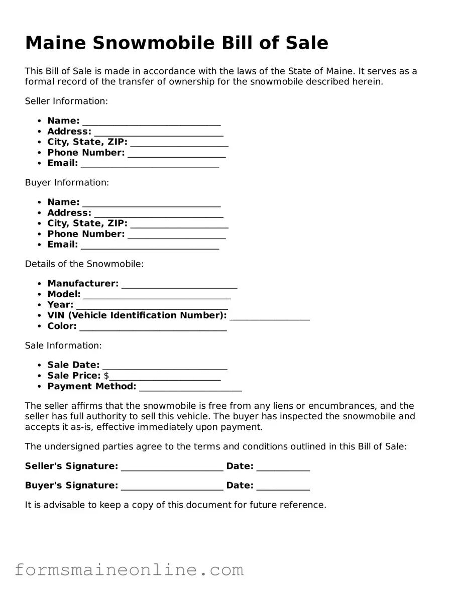 Free  Snowmobile Bill of Sale Document for Maine
