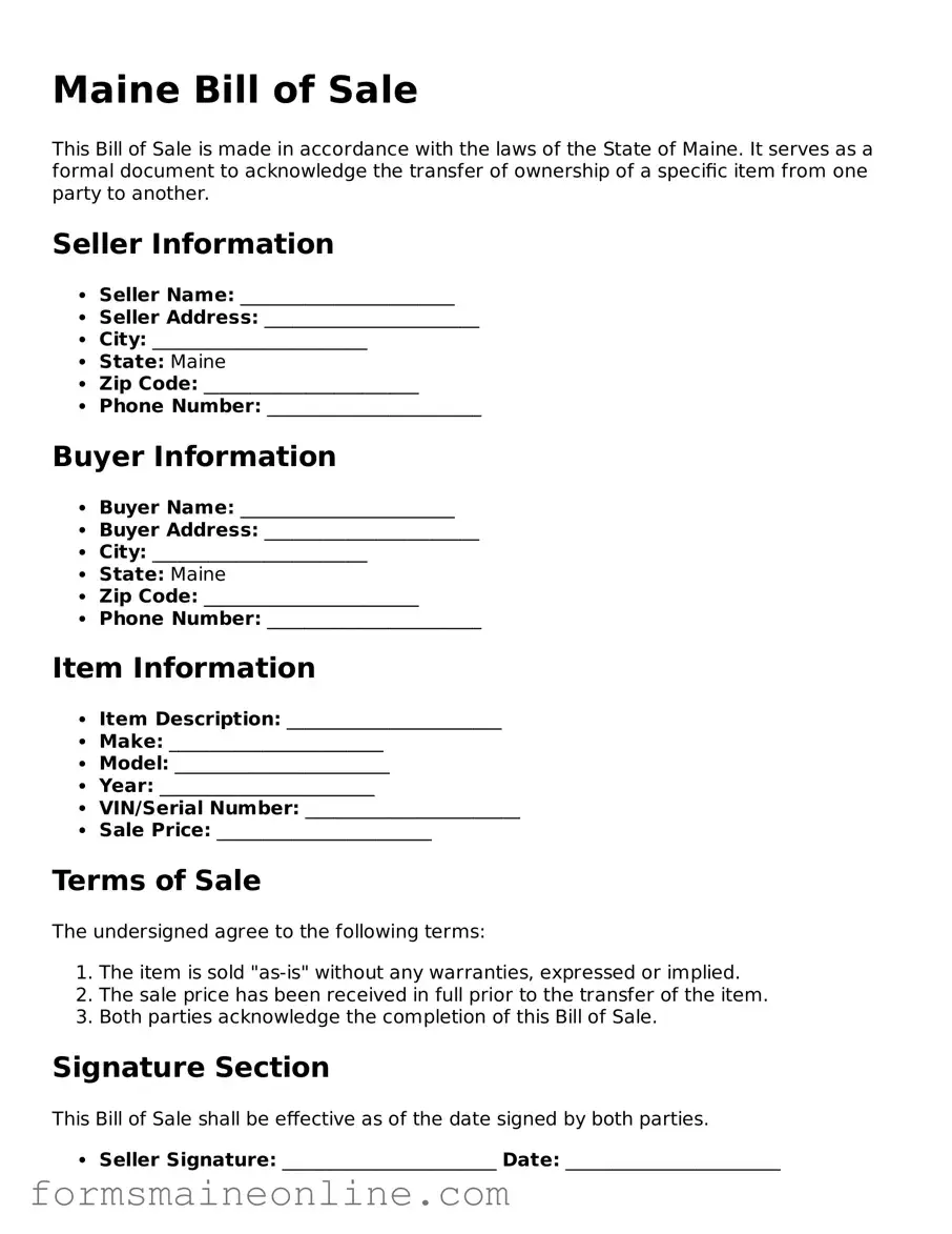 Free  Bill of Sale Document for Maine