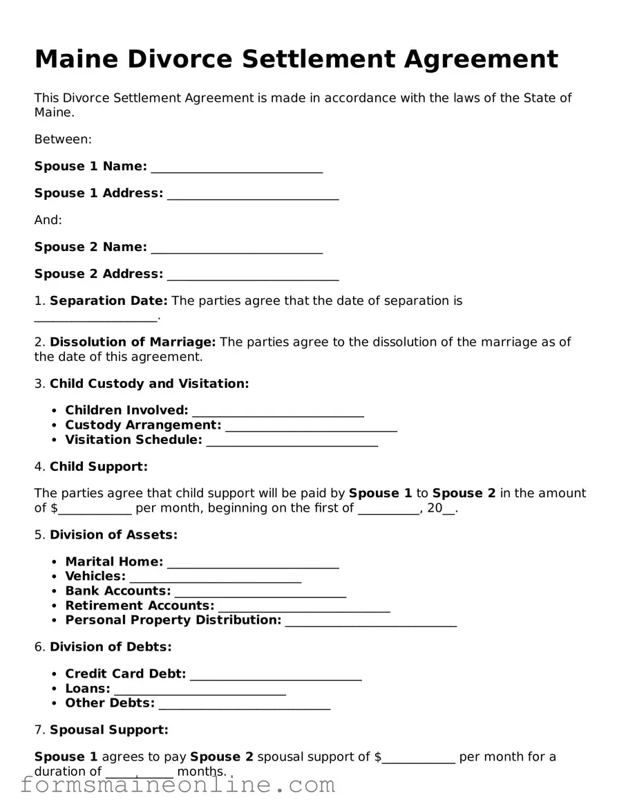 Free  Divorce Settlement Agreement Document for Maine