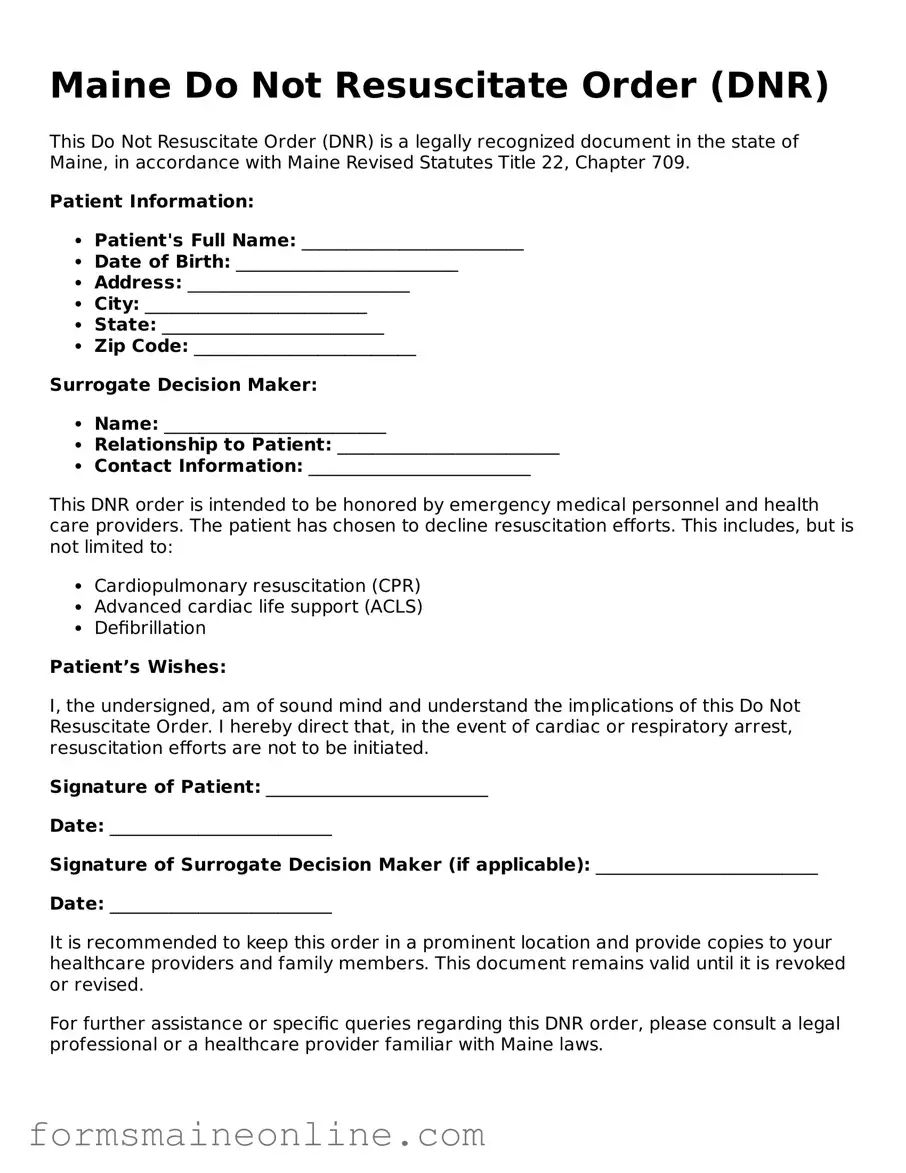 Free  Do Not Resuscitate Order Document for Maine