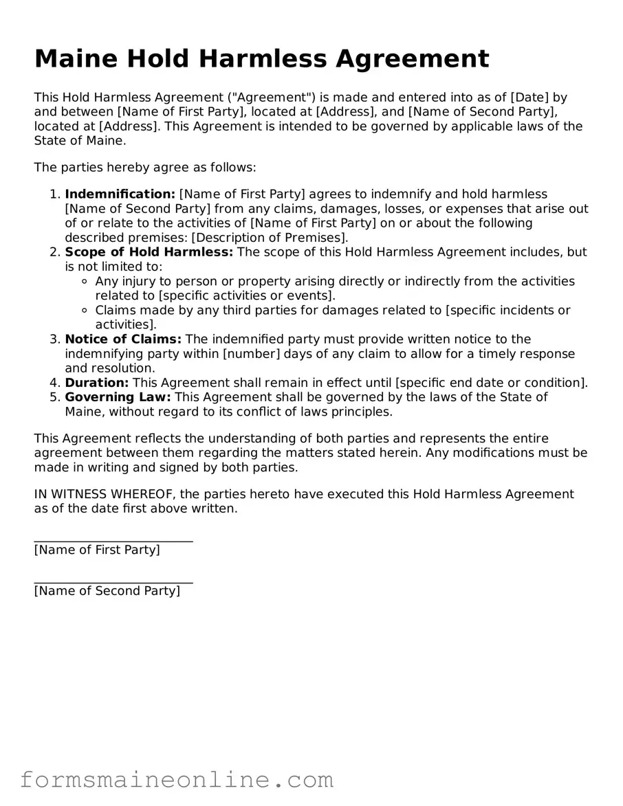 Free  Hold Harmless Agreement Document for Maine