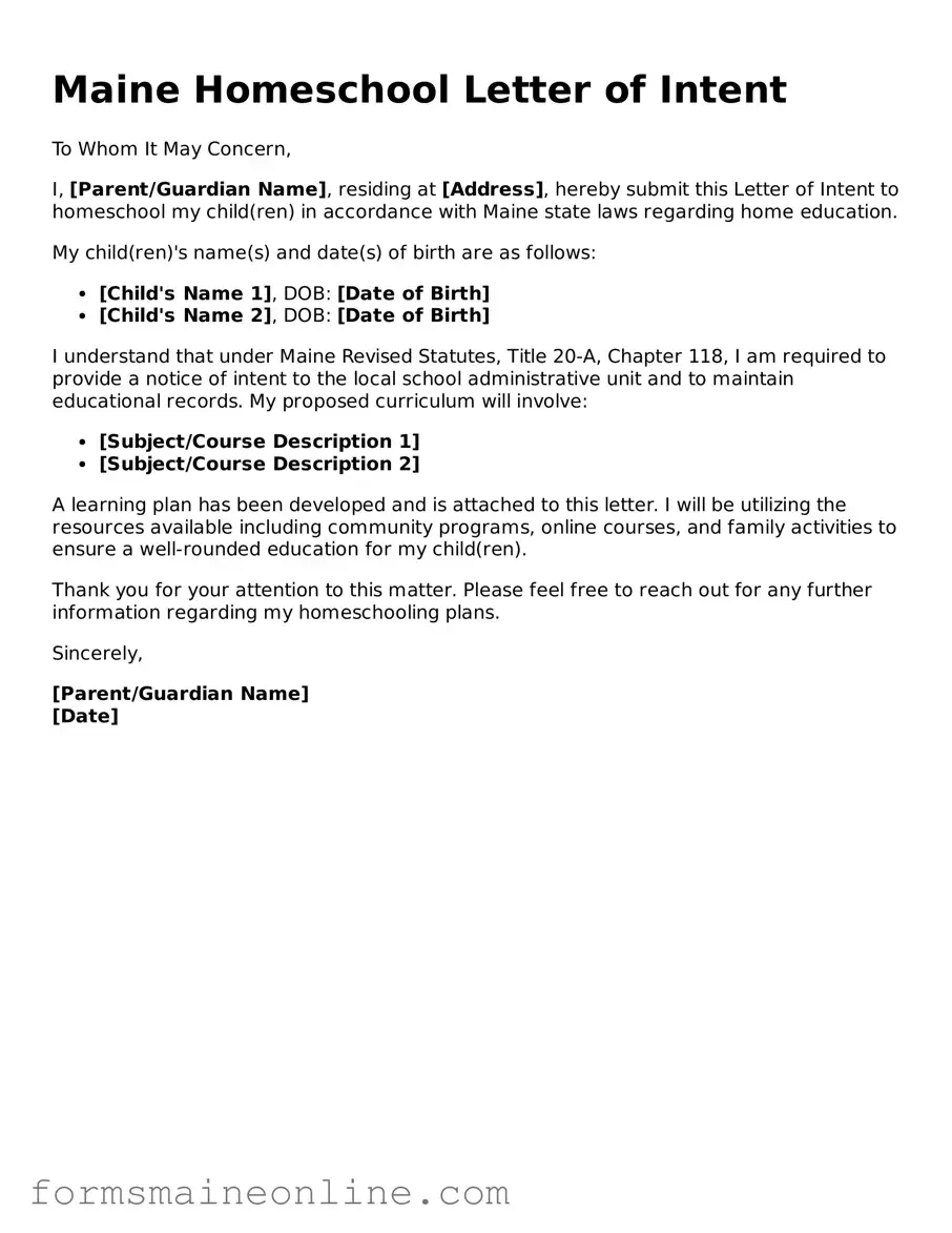 Free  Homeschool Letter of Intent Document for Maine