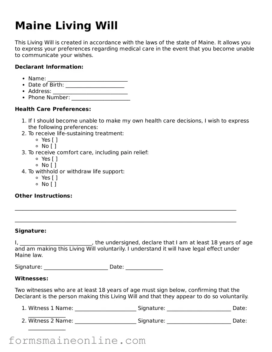 Free  Living Will Document for Maine