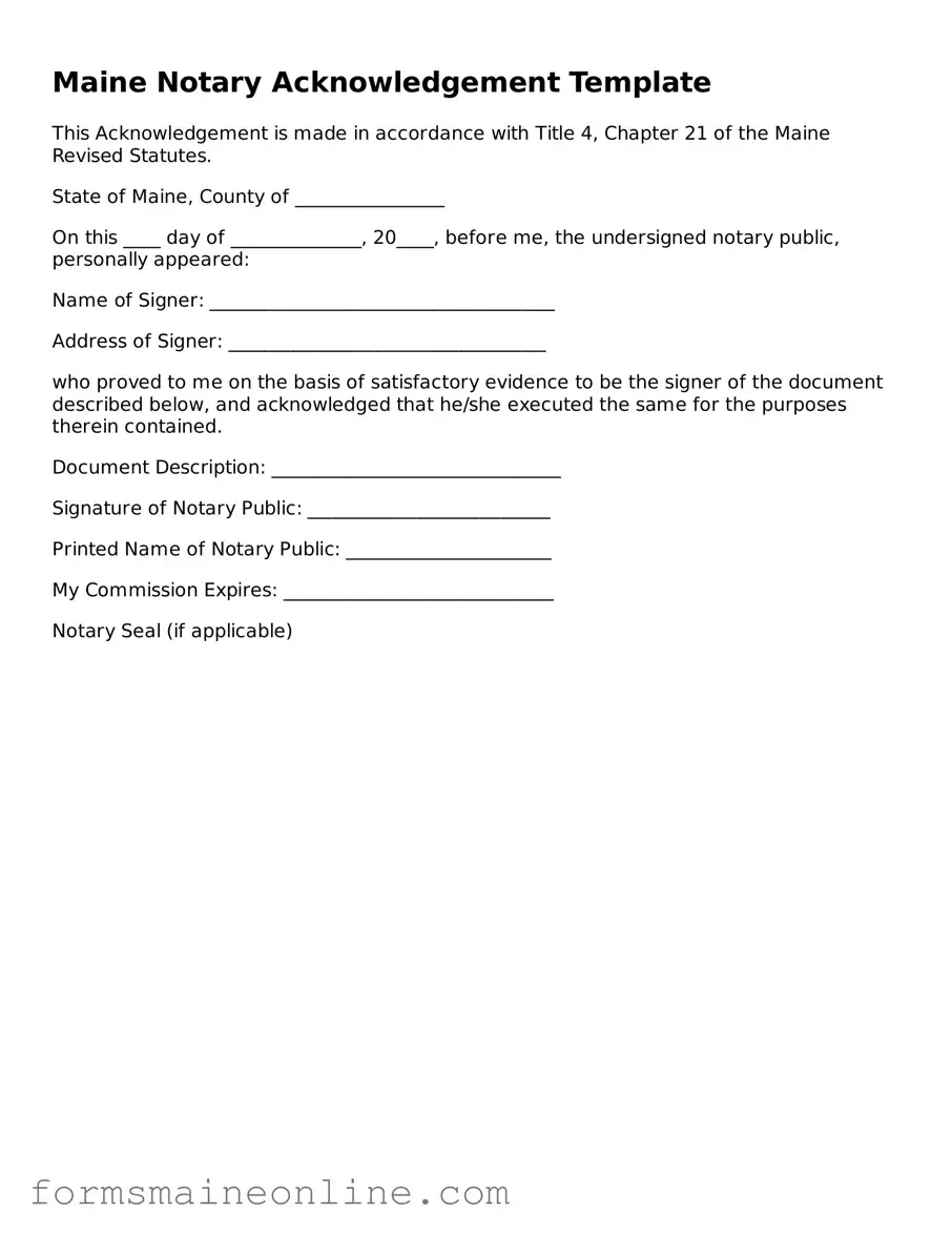 Free  Notary Acknowledgement Document for Maine