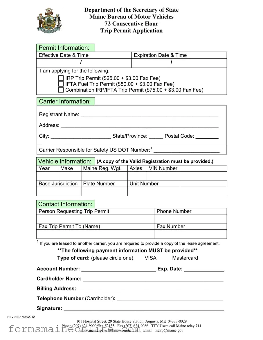 Printable Maine Trip Permit Application Form