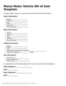 Free  Motor Vehicle Bill of Sale Document for Maine