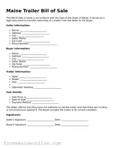 Free  Trailer Bill of Sale Document for Maine