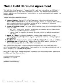 Free  Hold Harmless Agreement Document for Maine